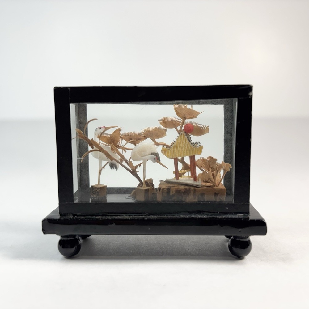 Vtg Chinese Cork Carving Art Sculpture Miniature Diorama Cranes Pagoda miniature